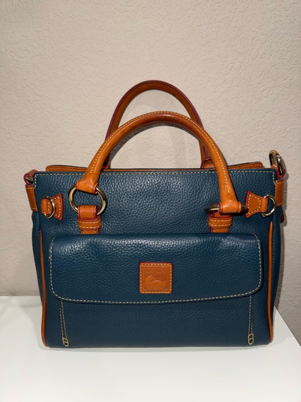 Dooney & Bourke Teal Leather Satchel with Tan Trim MISSING TASSLES